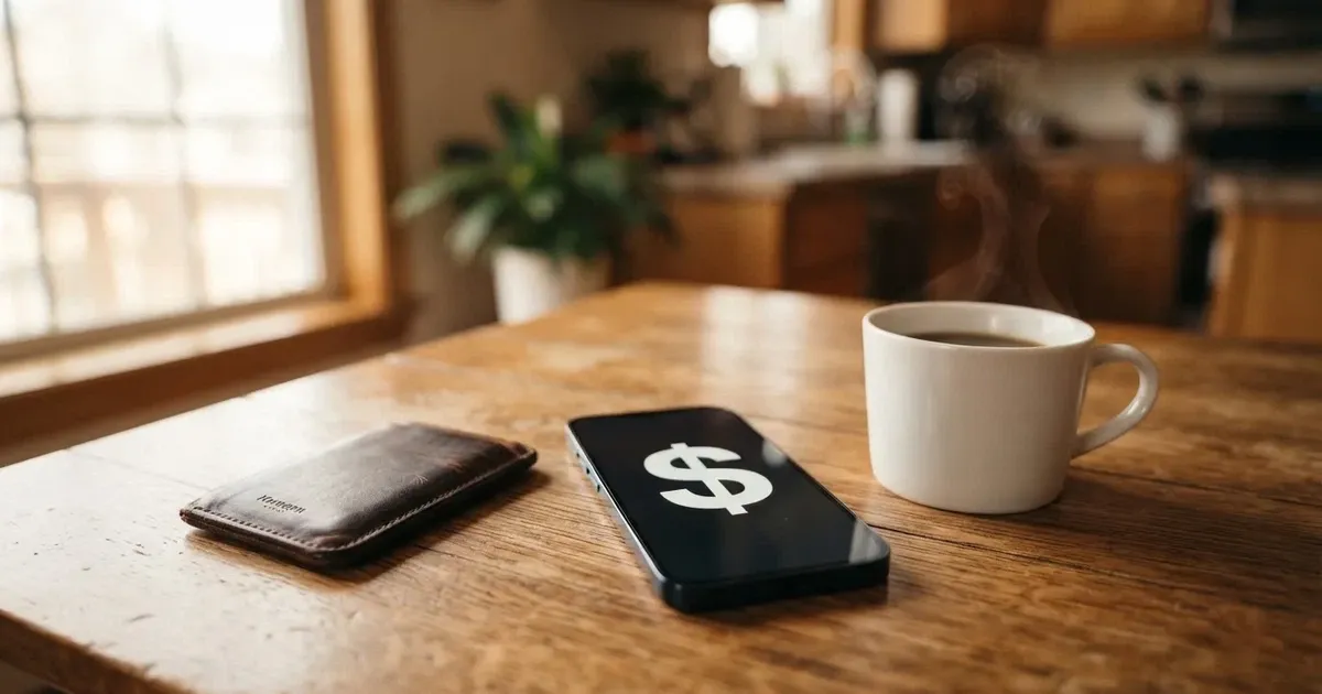 A smartphone on a wooden table beside a wallet and a coffee cup