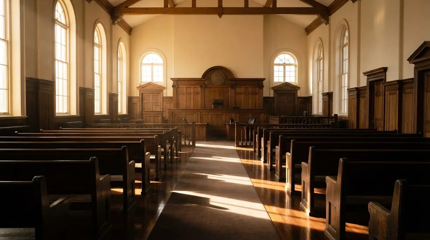 An empty courtroom with wooden benches in morning light