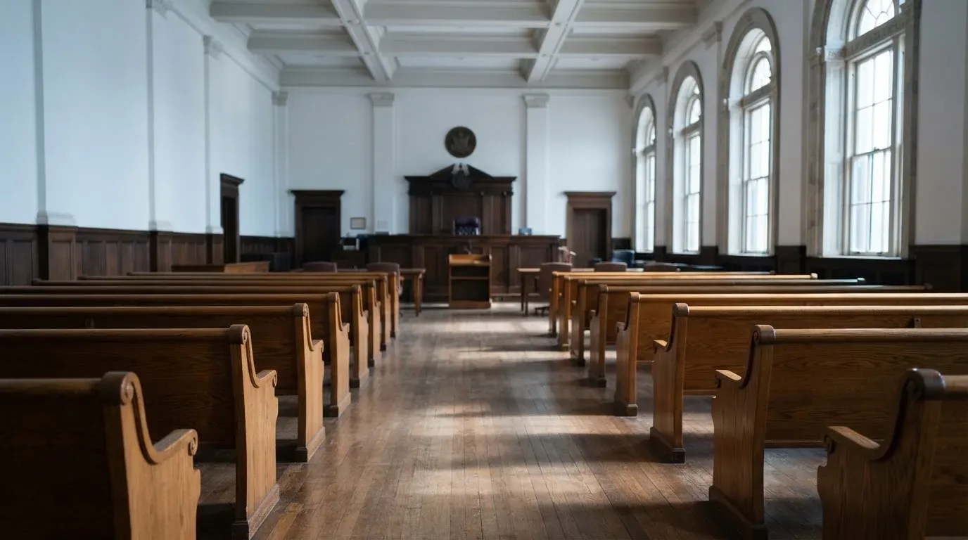 An empty courtroom with wooden benches in morning light