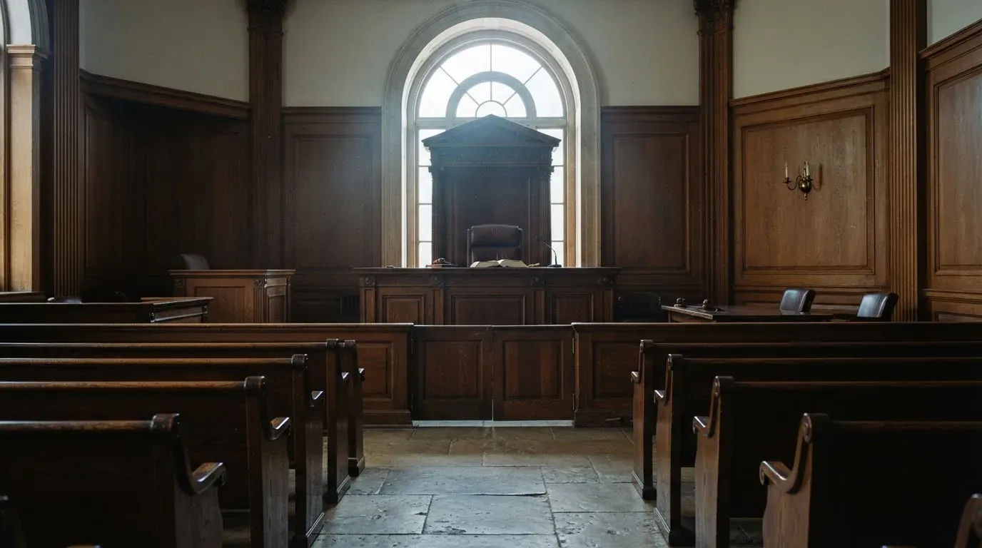 An empty courtroom with wooden benches in morning light