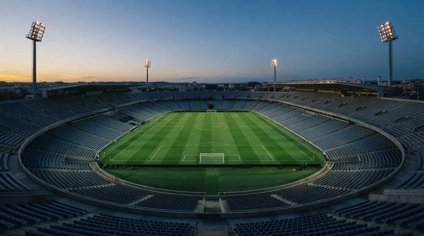 An empty football stadium with floodlight masts at dusk