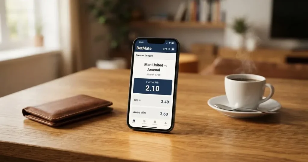 A smartphone on a wooden table beside a wallet and a coffee cup