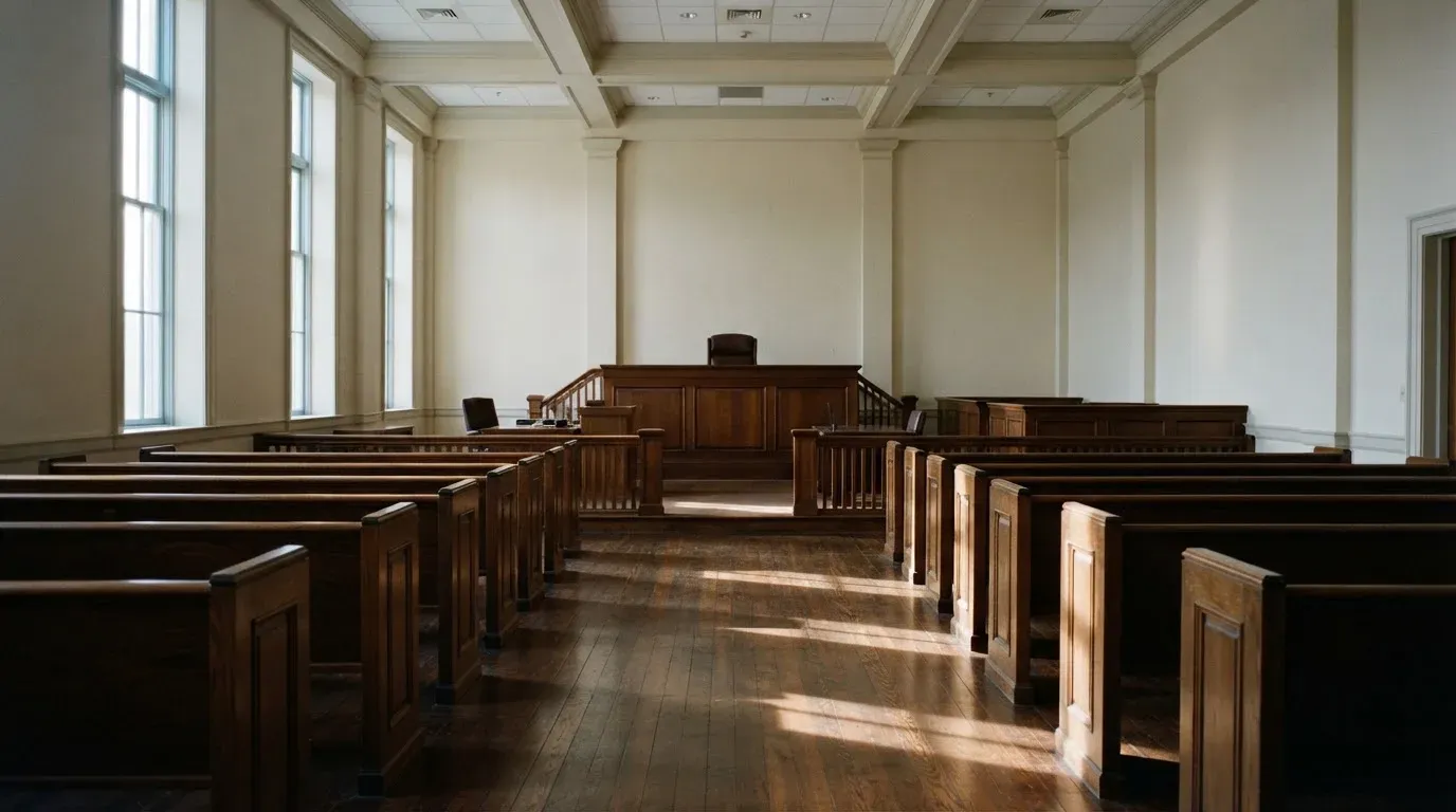 An empty courtroom with wooden benches in morning light