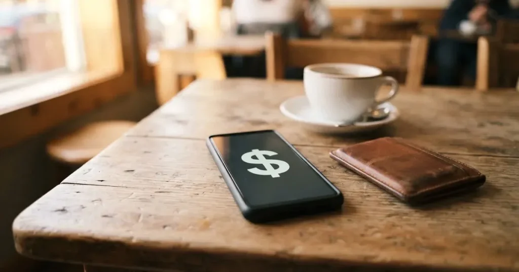 A smartphone on a wooden table beside a wallet and a coffee cup