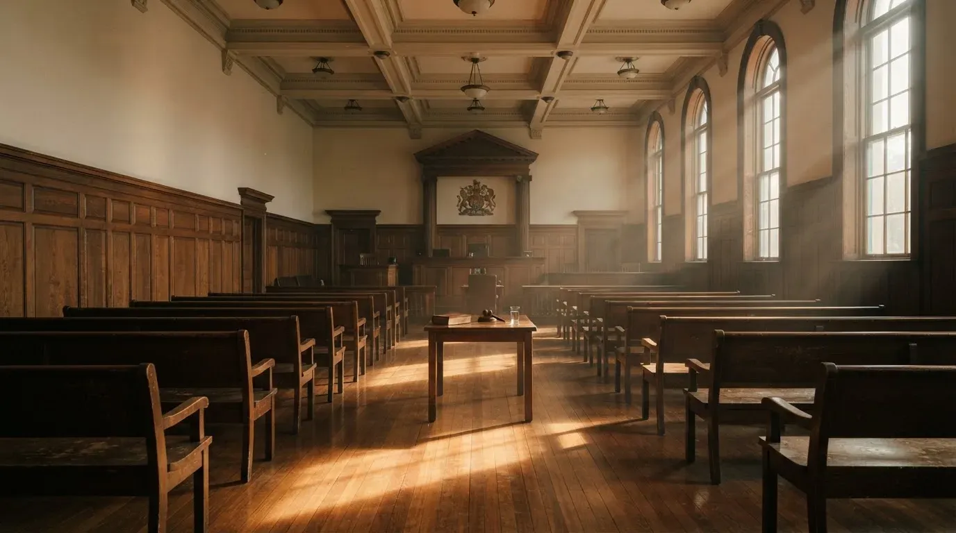 An empty courtroom with wooden benches in morning light