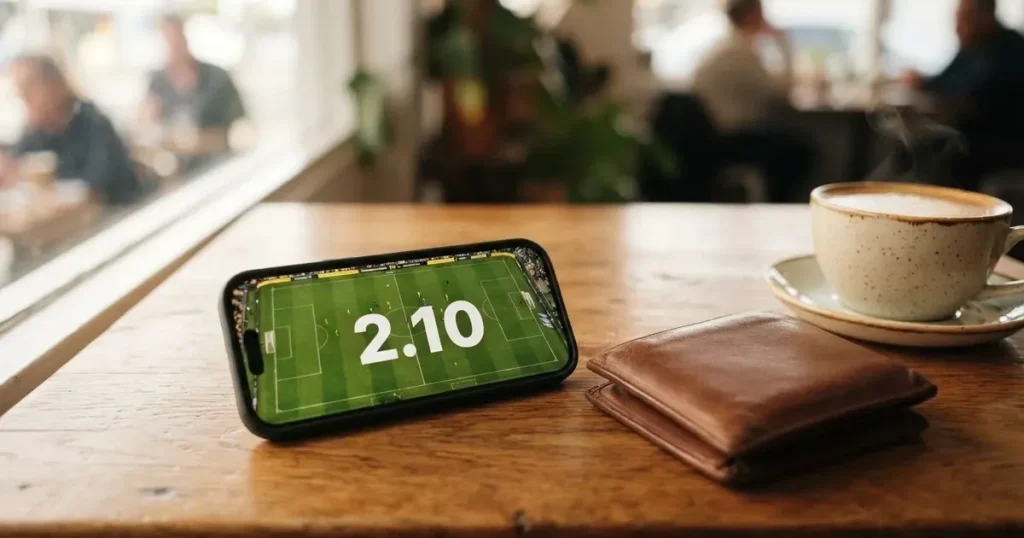 A smartphone on a wooden table beside a wallet and a coffee cup