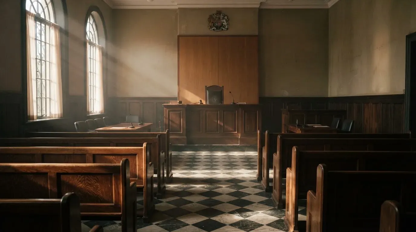 An empty courtroom with wooden benches in morning light