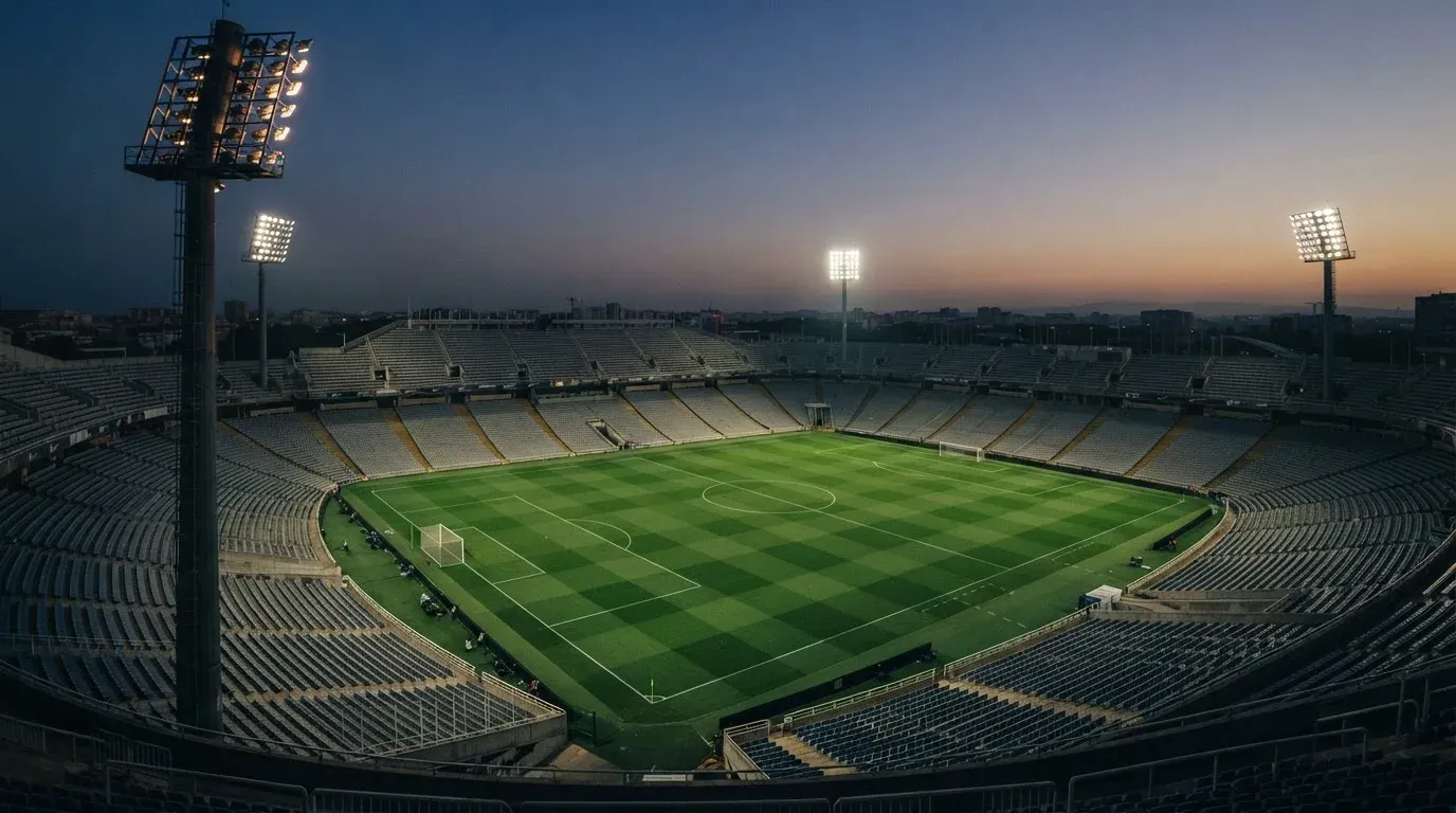 An empty football stadium with floodlight masts at dusk