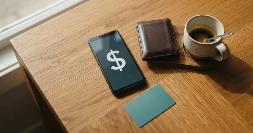 A smartphone on a wooden table beside a wallet and a coffee cup
