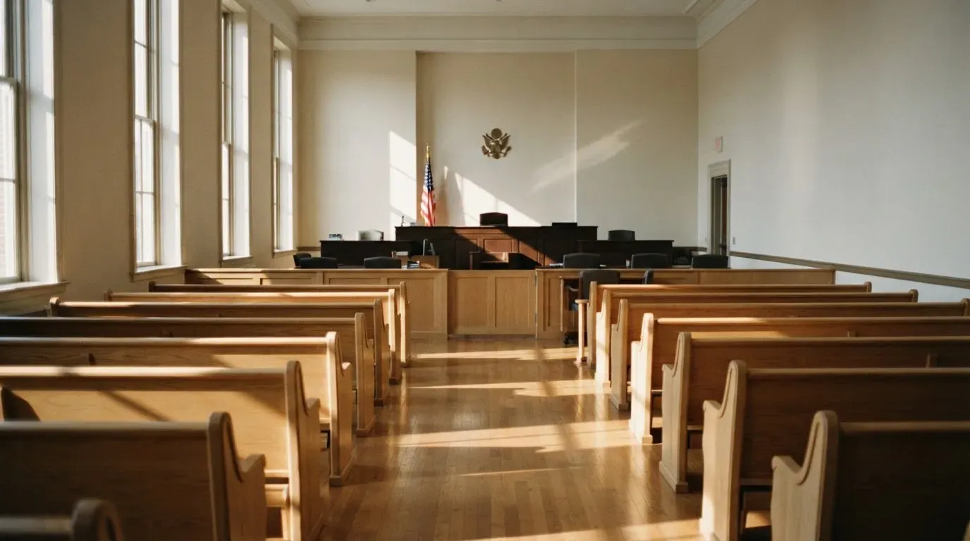 An empty courtroom with wooden benches in morning light