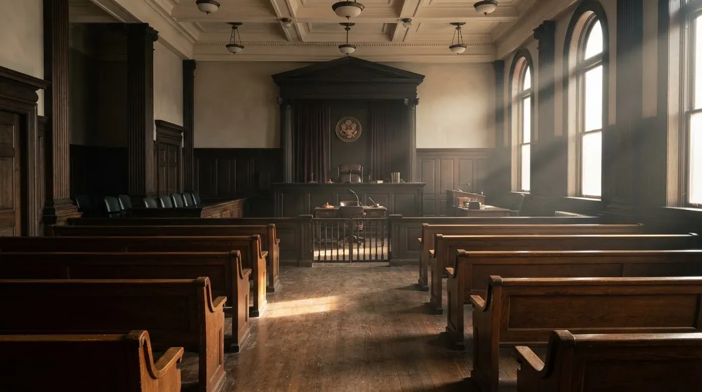 An empty courtroom with wooden benches in morning light