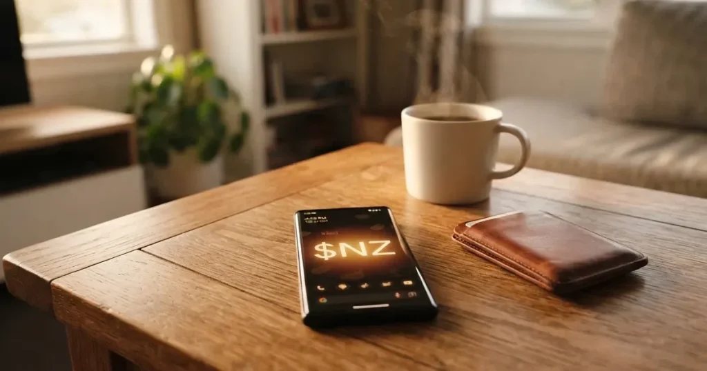 A smartphone on a wooden table beside a wallet and a coffee cup