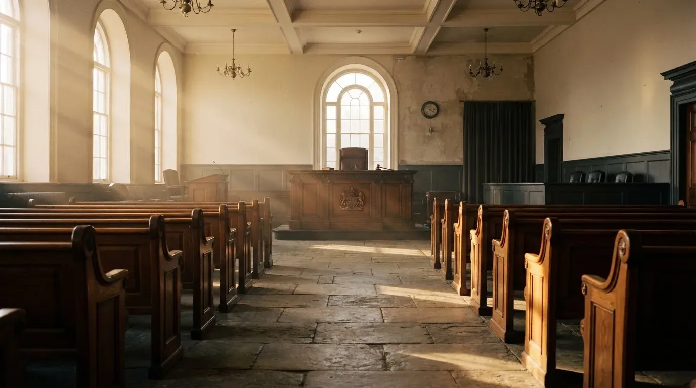 An empty courtroom with wooden benches in morning light