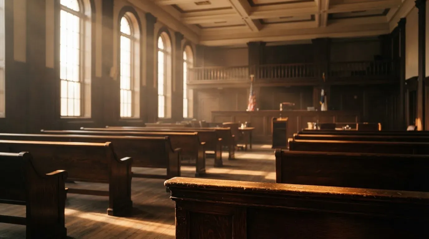 An empty courtroom with wooden benches in morning light
