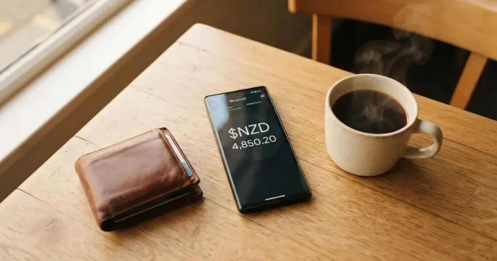 A smartphone on a wooden table beside a wallet and a coffee cup