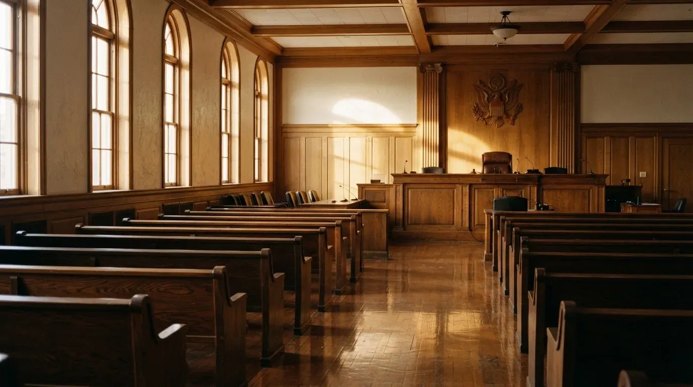 An empty courtroom with wooden benches in morning light
