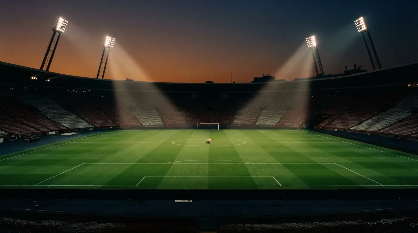 An empty football stadium with floodlight masts at dusk