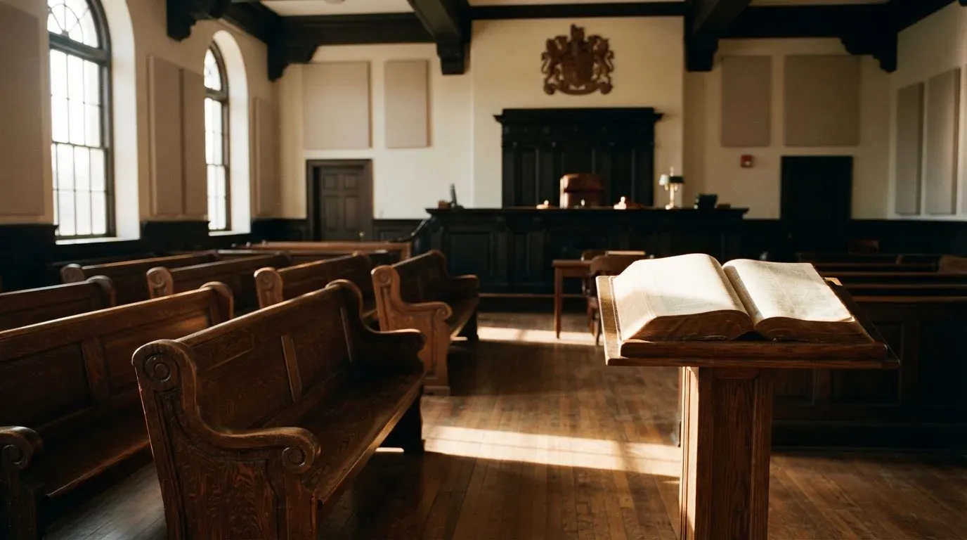 An empty courtroom with wooden benches in morning light