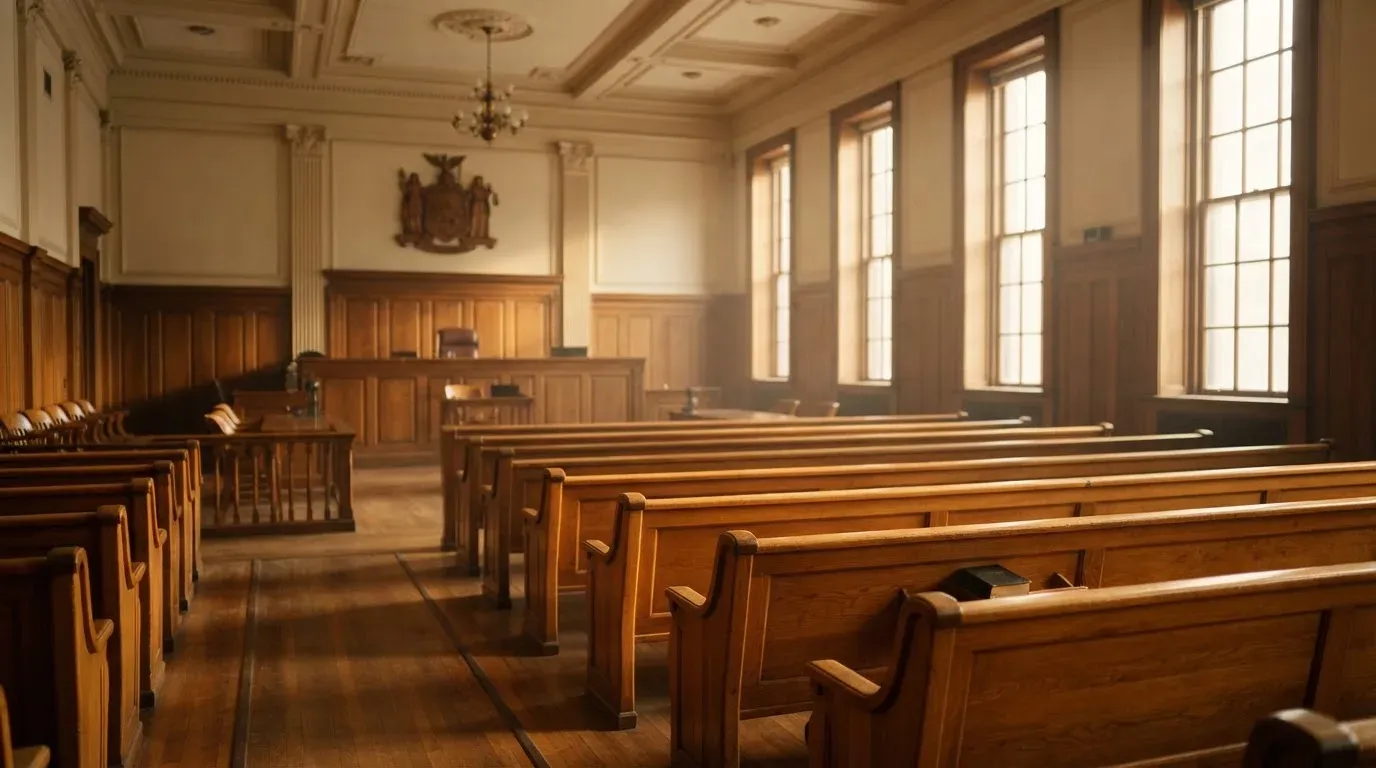 An empty courtroom with wooden benches in morning light