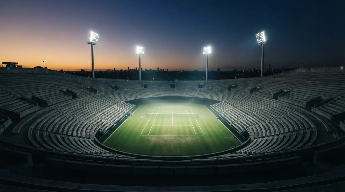 An empty football stadium with floodlight masts at dusk