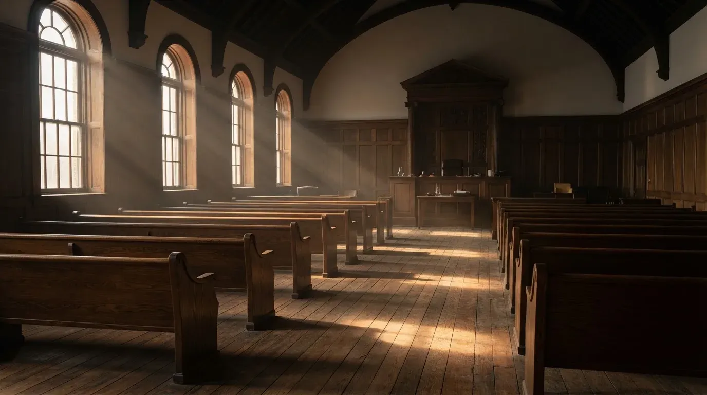 An empty courtroom with wooden benches in morning light