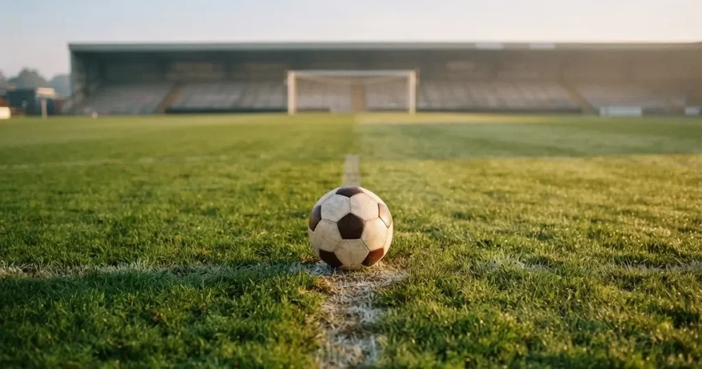 A ball on the centre spot of a grass pitch in morning light