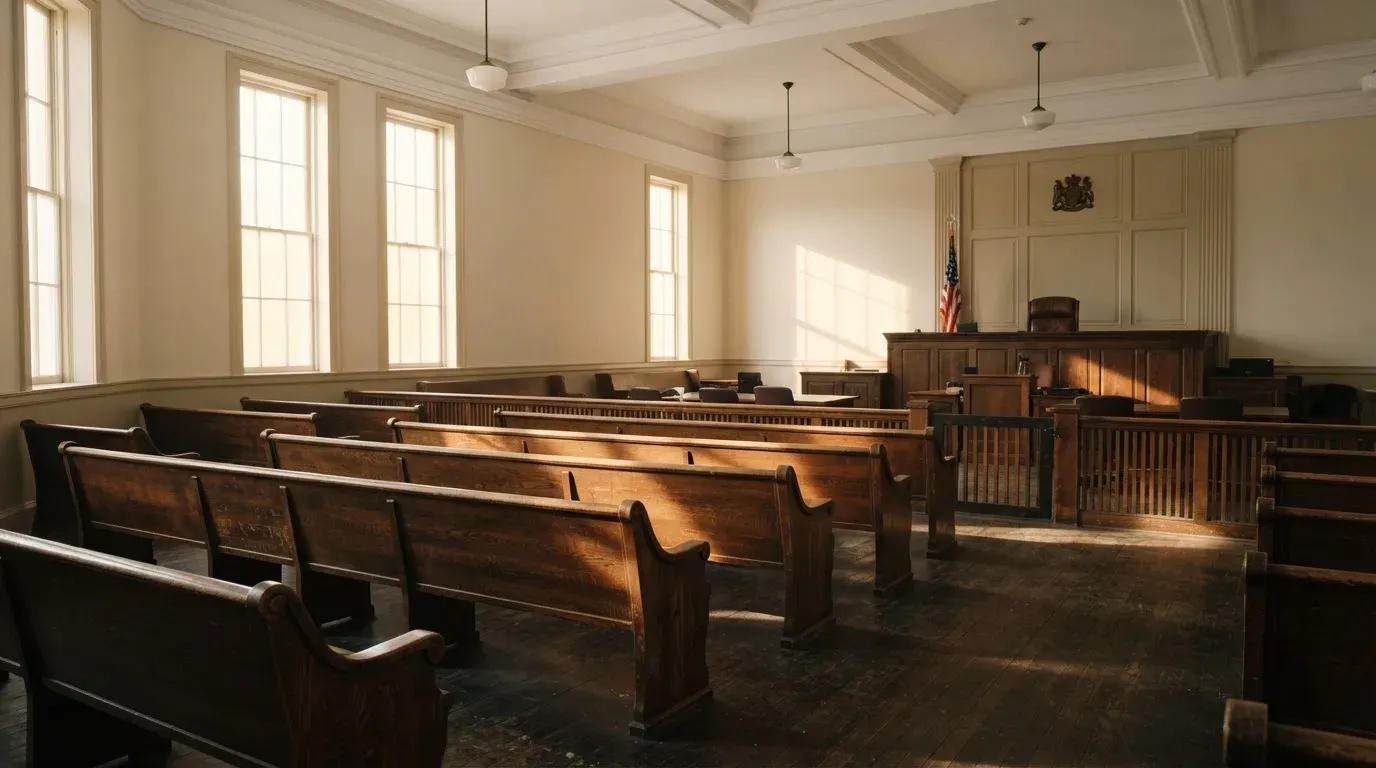 An empty courtroom with wooden benches in morning light