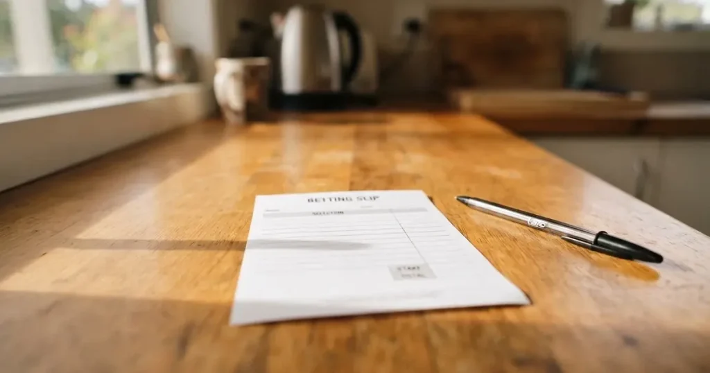A blank paper betting slip beside a pen on a wooden counter