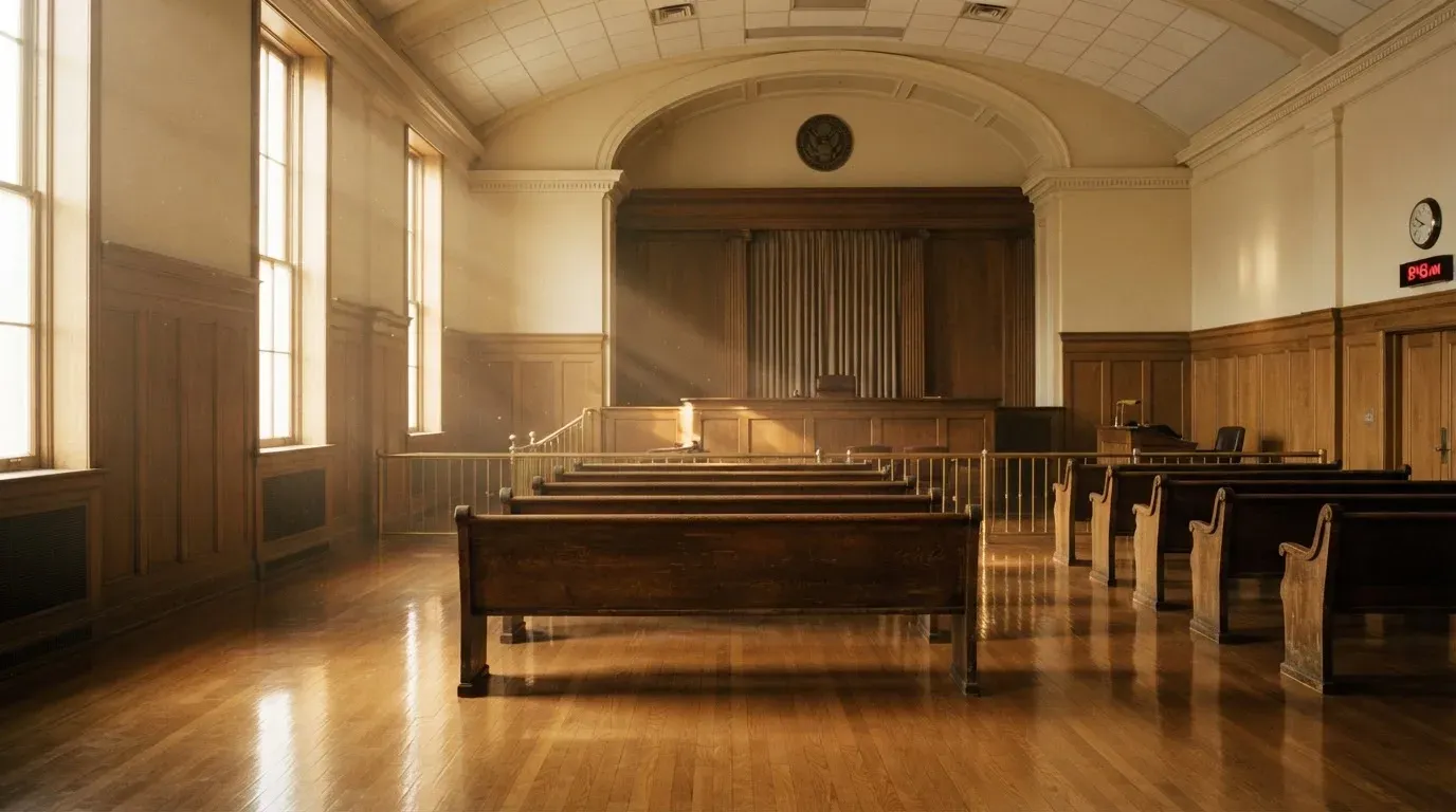 An empty courtroom with wooden benches in morning light