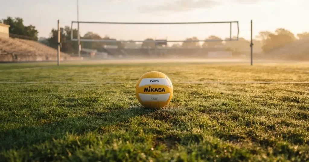 A ball on the centre spot of a grass pitch in morning light