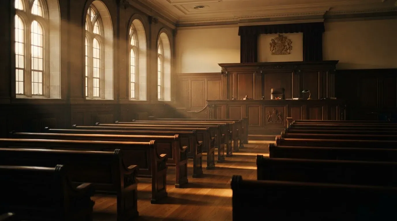 An empty courtroom with wooden benches in morning light