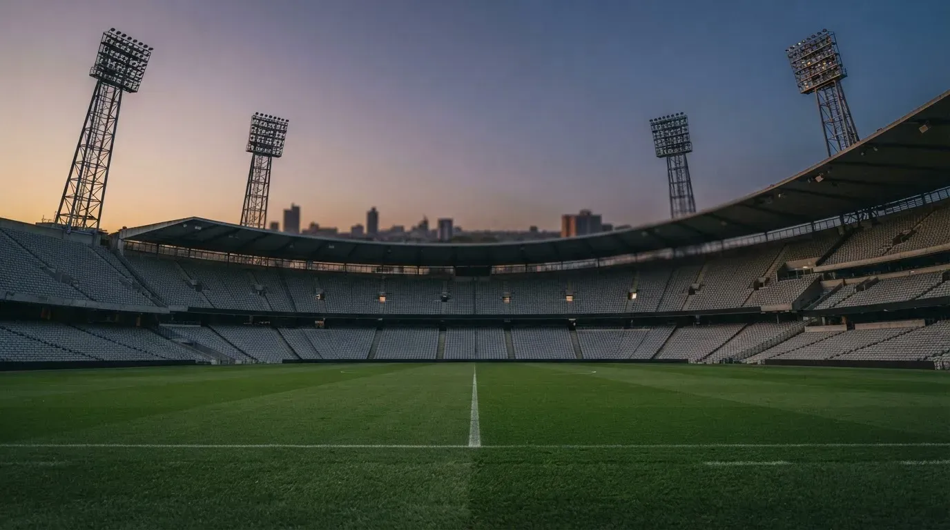 An empty football stadium with floodlight masts at dusk