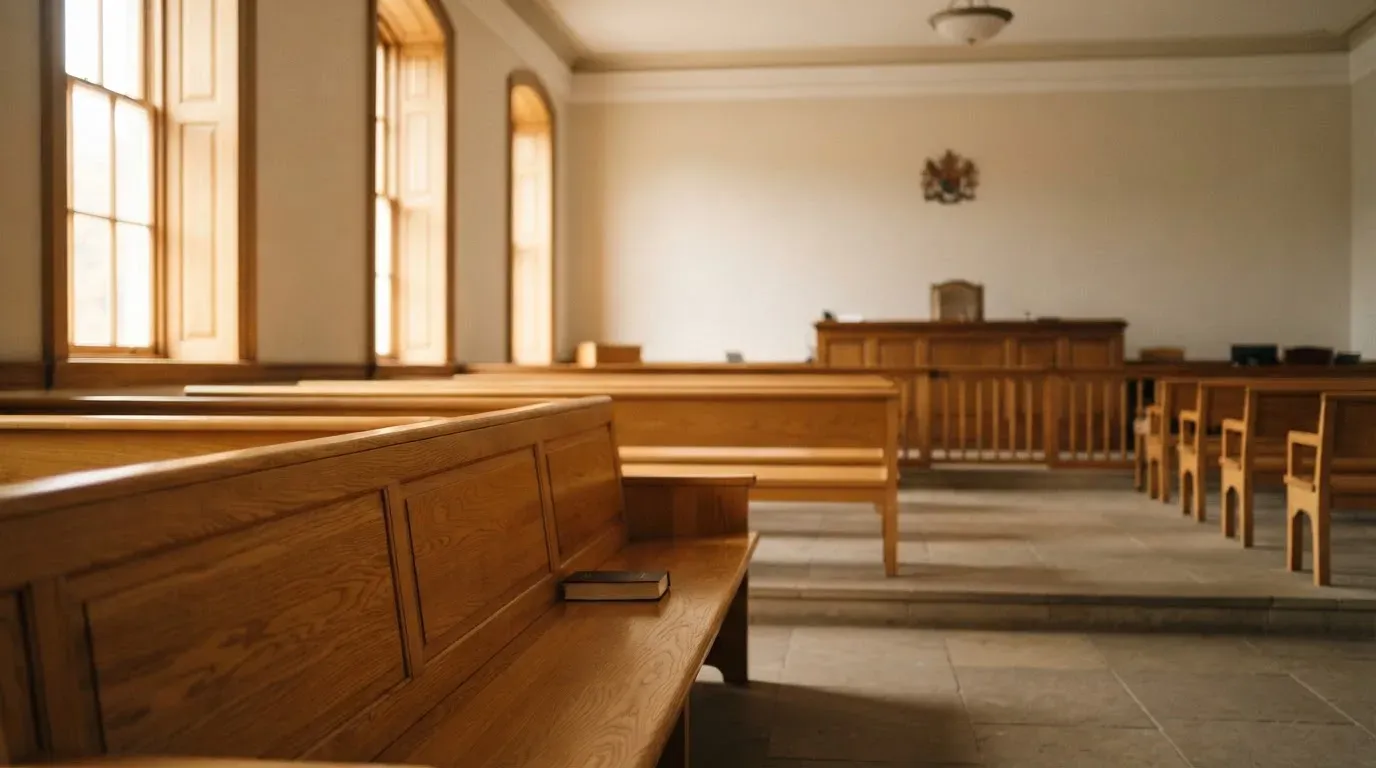 An empty courtroom with wooden benches in morning light